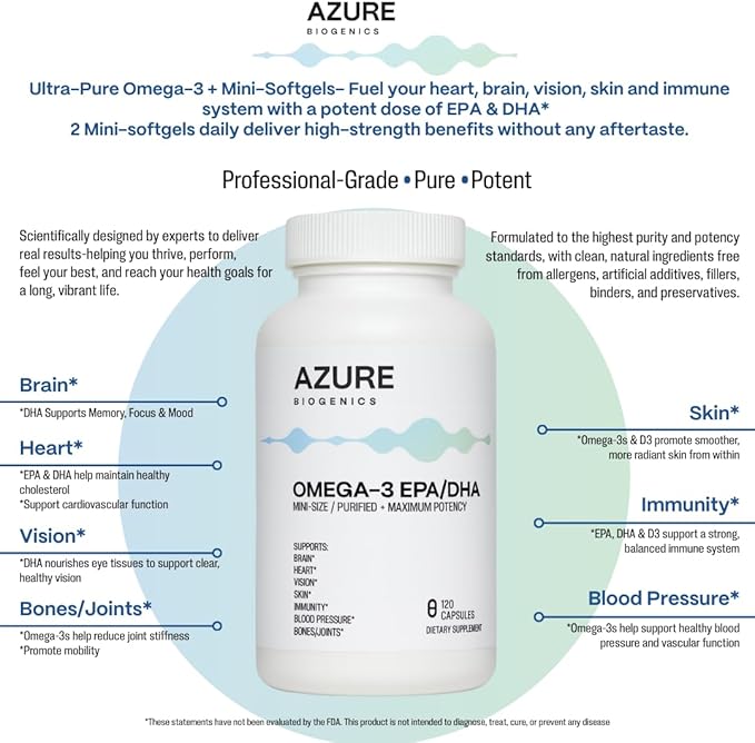 Omega-3 Supplement-High Potency EPA/DHA Fish Oil- Supports Brain Heart Vision Skin Immunity Blood Pressure &amp Bones/Joint*-Molecularly Distilled Ultra-Purified-120 Easy to Swallow Mini Softg