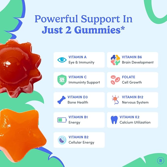 First Day Kids Multivitamin Gummies Age 4+ Strawberry &amp Orange - Kids Vitamins Multivitamin Gummy A C D3 K2 B1 B2 B6 B12 Folate Immunity &amp Brain Function Vegan - 30 Day Supply Packaging Ma