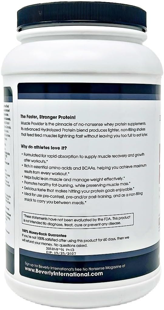 Beverly International Muscle Provider 28 Servings Chocolate. Super-Fast-Absorbing Whey Protein Powder for Recovery Lean Muscle. Fills Your Muscles not Your Stomach. Tastes Like ice Cream