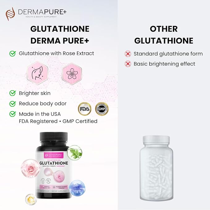 Dermapure Glutathione Whitening Pills 2-in-1 600mg with Rose Oil Extract – Skin Lightening &amp Deodorant Supplement - Dark Spots Acne Scars &amp Hyperpigmentation – Made in USA 60 Capsules (1 Pa