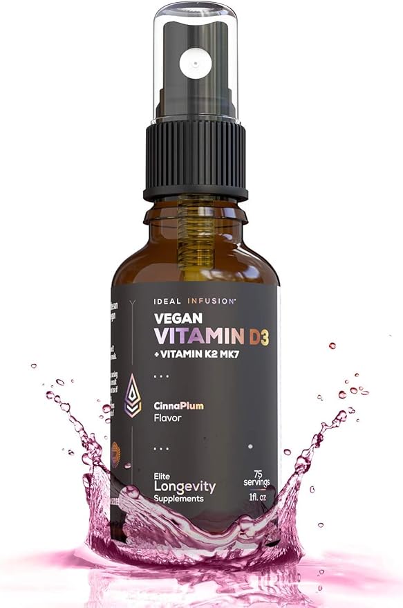 Ideal Infusion Vegan Vitamin D3 5000 iu with K2 (MK-7) Liquid Spray: Organic Plum with Cinnamon - Bone Health Immune Support Bone Structure (75 Servings)