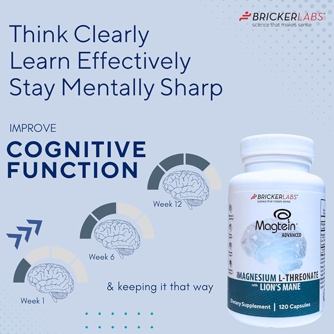 Bricker Labs Magtein® &amp Lion’s Mane-Advanced Magnesium L-Threonate Formula for Brain Health Memory &amp Focus-Cognitive Support Supplement 120 Capsules