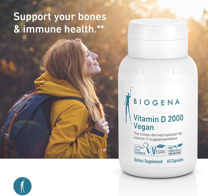 Biogena Vitamin D 2000 Vegan Formula - Sun Vitamin D3 Supplement for Calcium Absorption Immune Support - 60 Capsules**