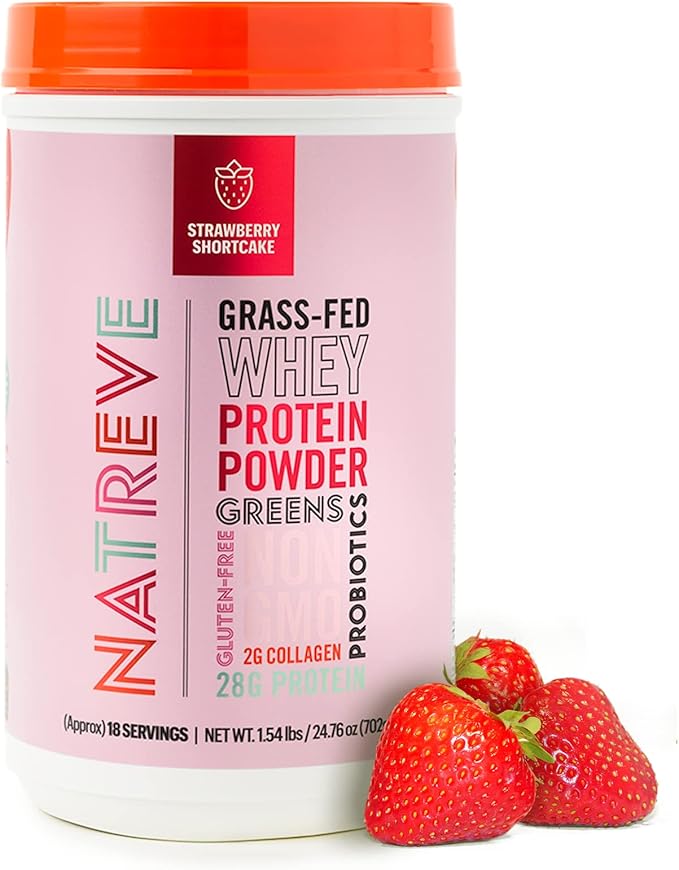 Natreve Whey Protein Powder - 28g Grass-Fed Whey Protein with Amino Acids Probiotics &amp Collagen - Gluten Free Strawberry Shortcake 18 Servings