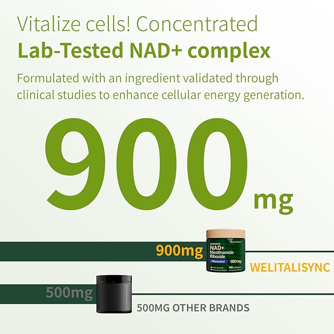 Premium NAD+ Supplement - Nicotinamide Riboside &amp Resveratrol 900mg – Fast-Absorbing Cellular Renewal Capsules for Energy Anti-Aging &amp Brain Health – Vegan Non-GMO 200 C