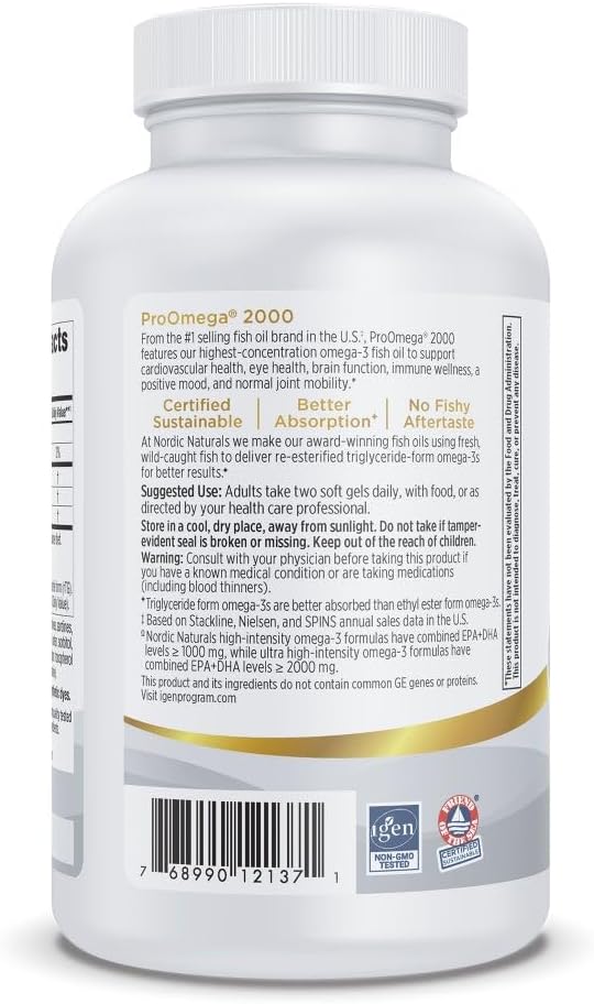 Nordic Naturals ProOmega 2000 Lemon Flavor - 120 Soft Gels - 2150 mg Omega-3 - Ultra High-Potency Fish Oil - EPA &amp DHA - Promotes Brain Eye Heart &amp Immune Health - Non-GMO - 60 Servings