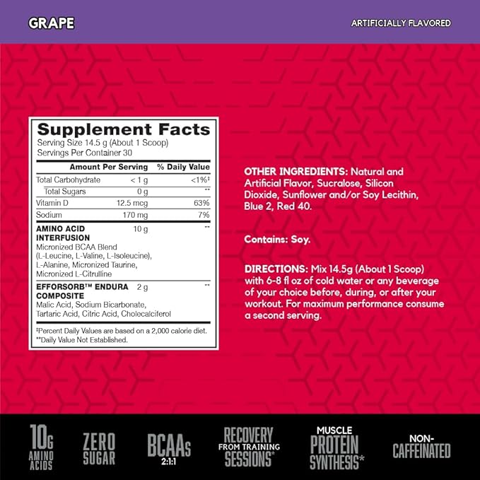 BSN Amino X Muscle Recovery &amp Endurance Powder with BCAAs 10 Grams of Amino Acids Keto Friendly Caffeine-Free Support Endurance Zero Sugar Grape 30 servings 15.34 Ounce (Packaging May Vary