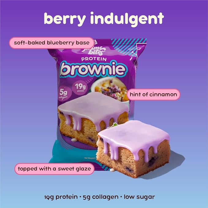 Prime Bites High Protein Brownie (12 Per Box Blueberry Cobbler) - 19g of Protein 5g of Collagen Gluten Free Low Sugar Treat Delicious Protein Snack