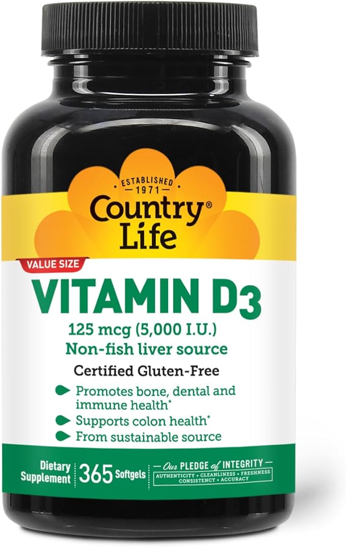 Country Life Vitamin D3 5000 IU – High Potency Non-Fish Source Supports Bone Health Immune Function &amp Calcium Absorption – 365 Softgels Certified Gluten-Free Long-Term Supply