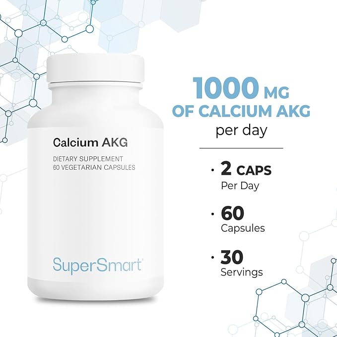 SuperSmart Calcium AKG (Highly Bioavailable) - Calcium Alpha-Ketoglutarate Ca-AKG - Cellular Energy | Gluten Free &amp Vegan - 60 Vegetarian Capsules