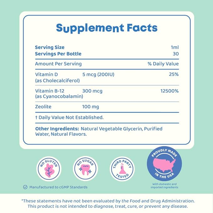 JoySpring DetoxZee Zeolite Drops for Kids – Clinoptilolite Mineral Supplement with Vitamin D3 &amp Cyanocobalamin B12 – Liquid Vitamins for Kids Mild Berry Flavor Crafted in USA 30 Servings