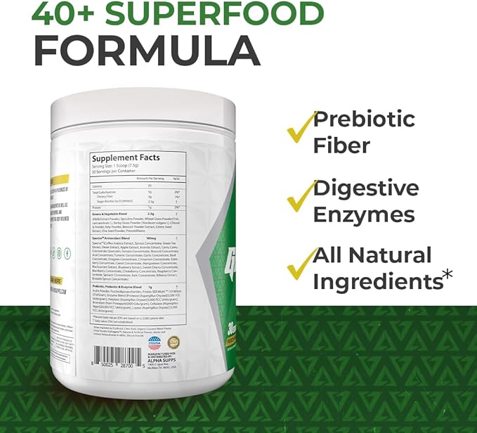 Alpha Supps - Alpha Greens Supplement | Fruit &amp Vegetable Superfood Powder | Over 40 Natural Plant Based Ingredients | Prebiotic &amp Probiotic Digestive Support Blend - 30 Servings (Pineapple)