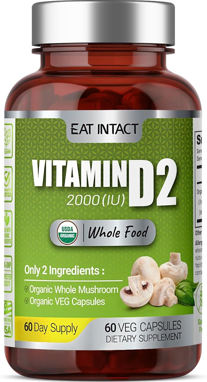 Vegan Whole Food Vitamin D 2000 IU (50 mcg) D2 Two Ingredients (Organic Whole Mushroom and Organic Vegan Capsule) Non-GMO Third Party Tested 60 Day Supply