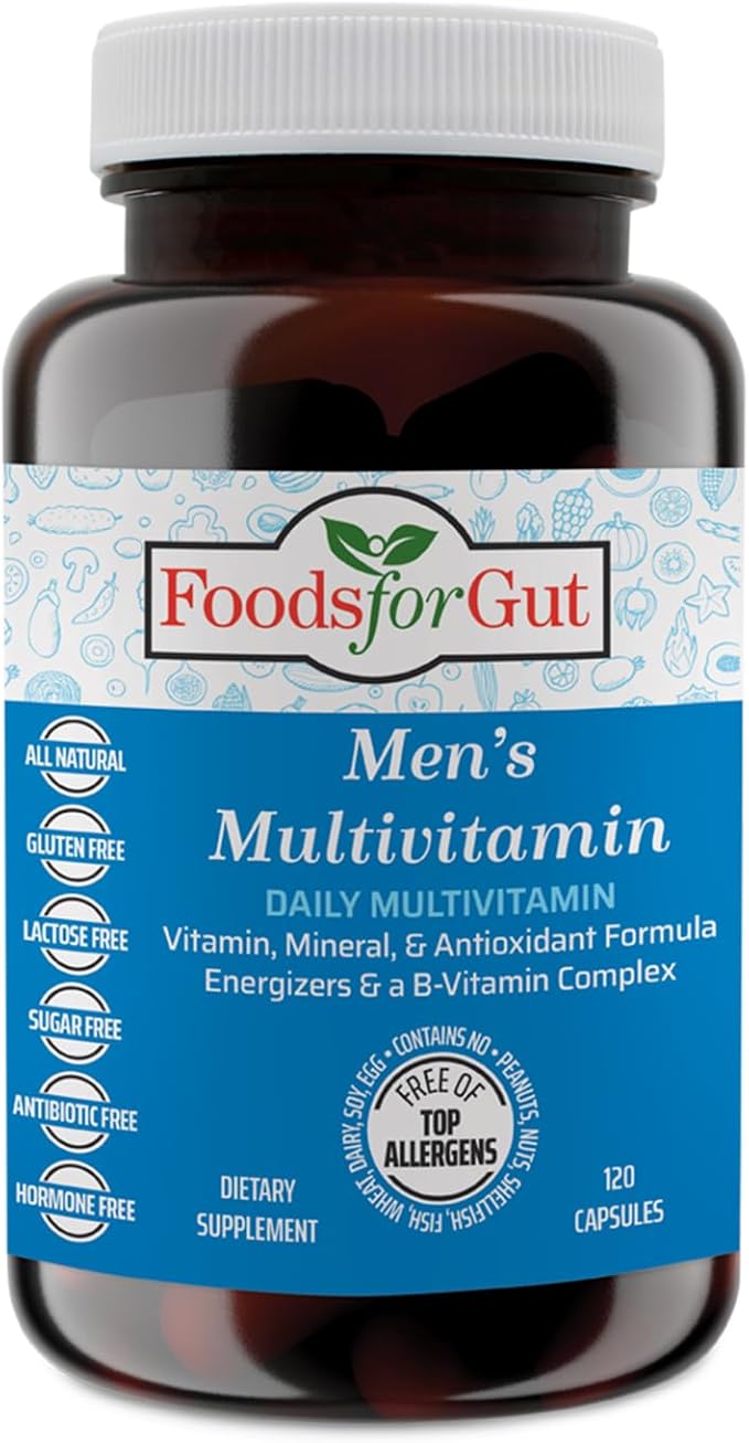 Foods For Gut Men's Multivitamin Formula | 120 Vegetarian Capsules | with Zinc Manganese &amp Calcium | Multivitamins D C A E &amp B-Vitamins | All-in-One Multimineral &amp Multivitamin