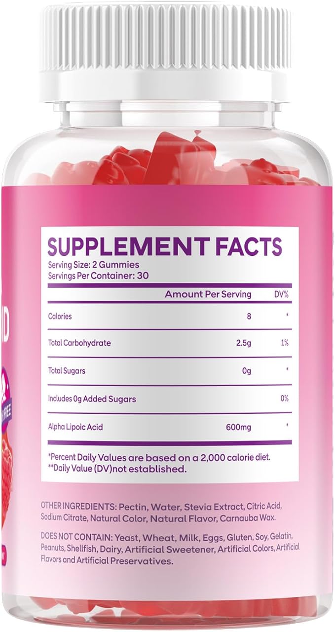 2 Pack Alpha Lipoic Acid Gummies 600mg High Absorption Chewable ALA Supplement for Antioxidant Support Raspberry Flavor Vegan Sugar Free 120 Count
