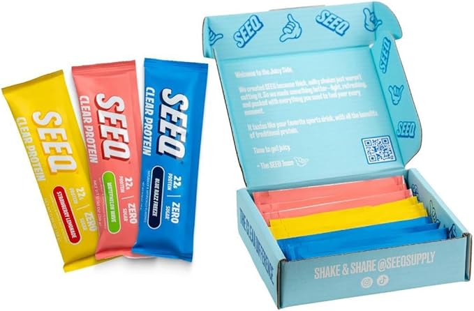 SEEQ Clear Protein Powder - 22g Whey Isolate Per Serving - 9 Count Variety Pack - On-The-Go Sticks - Blue Razz Freeze Strawberry Lemonade Watermelon Wave