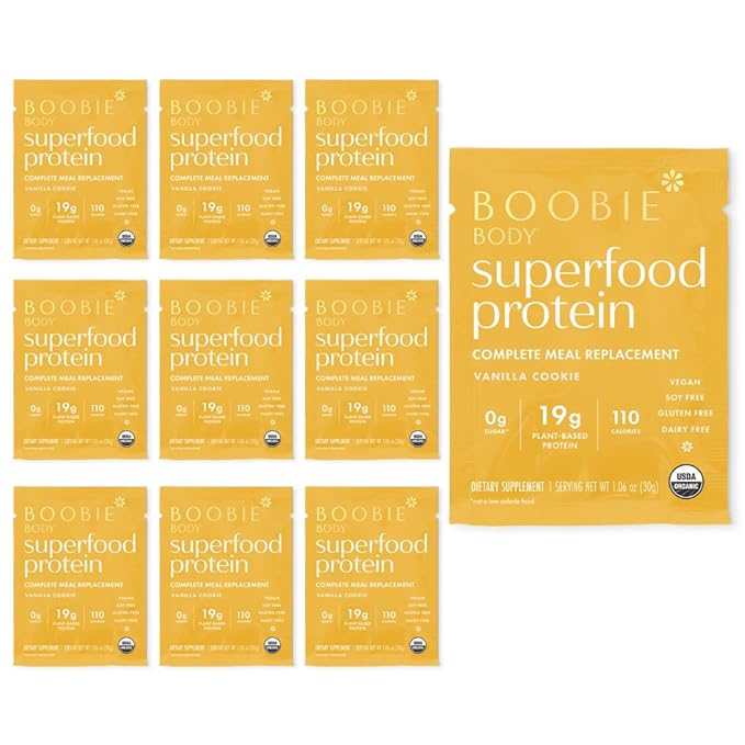 Boobie Body Superfood Protein Shake for Moms Pregnancy and Lactation Support Protein Powder to Increase Milk Supply Probiotics Organic Dairy-Free Gluten-Free Vegan Vanilla Cookie Single Srv 10pk