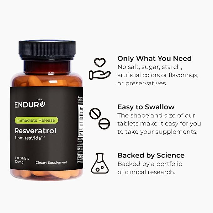 Endur Resveratrol Healthy Aging &amp Cardiovascular Support Supplement Instant Release Antioxidant Grape Skin Extract Gluten Free 100mg (150 Tablets)