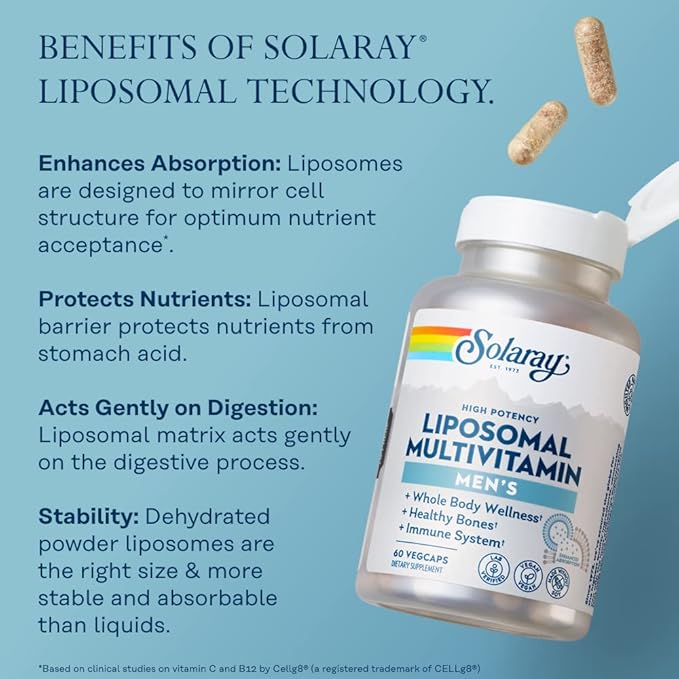 SOLARAY Liposomal Multivitamin for Men Enhanced Absorption Immune Energy &amp Bone Support Supplement Mens Daily Multi Vitamin BCAAs Vitamin D3 C B12 Zinc Vegan Soy Free 60 Serv 120 VegCa