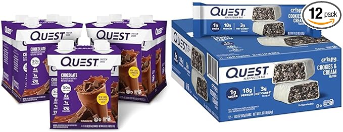 Quest Nutrition Ready To Drink Chocolate Protein Shake High Protein Low Carb Gluten Free &amp Crispy Cookies &amp Cream Hero Protein Bar 18g Protein 1g Sugar 3g Net Carb