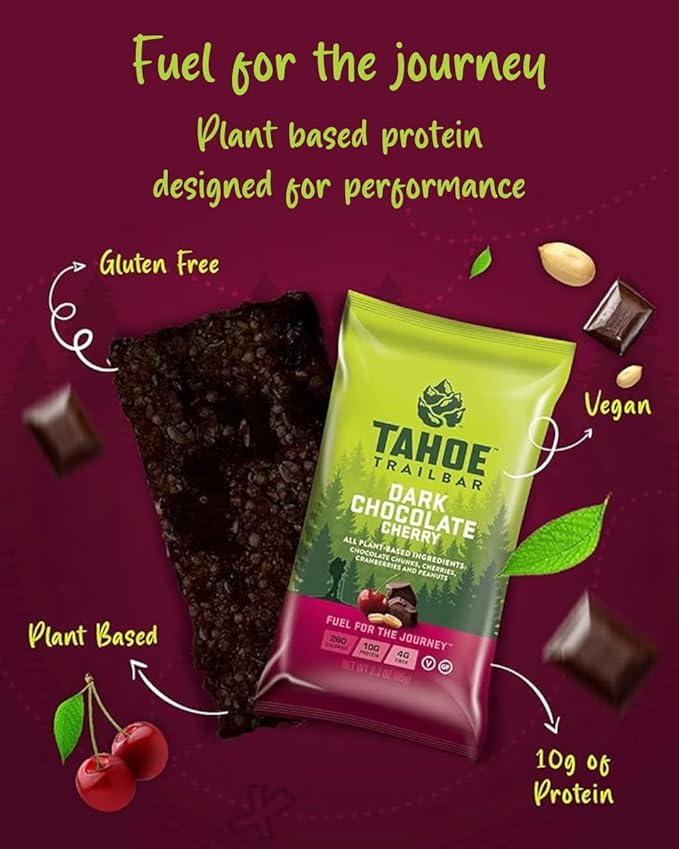 Tahoe Trail Bar Plant-Based Natural Energy Bar (2.3 Ounce Protein Bar 12 Count) High Protein Non-GMO Gluten-Free Vegan Healthy Snacks - Dark Chocolate Cherry