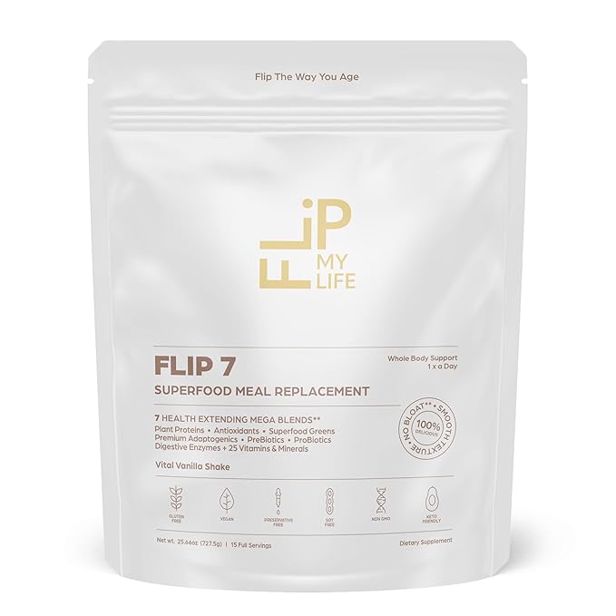 Flip My Life Flip 7 Natural SuperFood Plant-Based Protein Complete Meal Replacement to Support Healthy Gut 7 Mega Nutrient Rich Blends all in one to AGE BETTER - Vanilla
