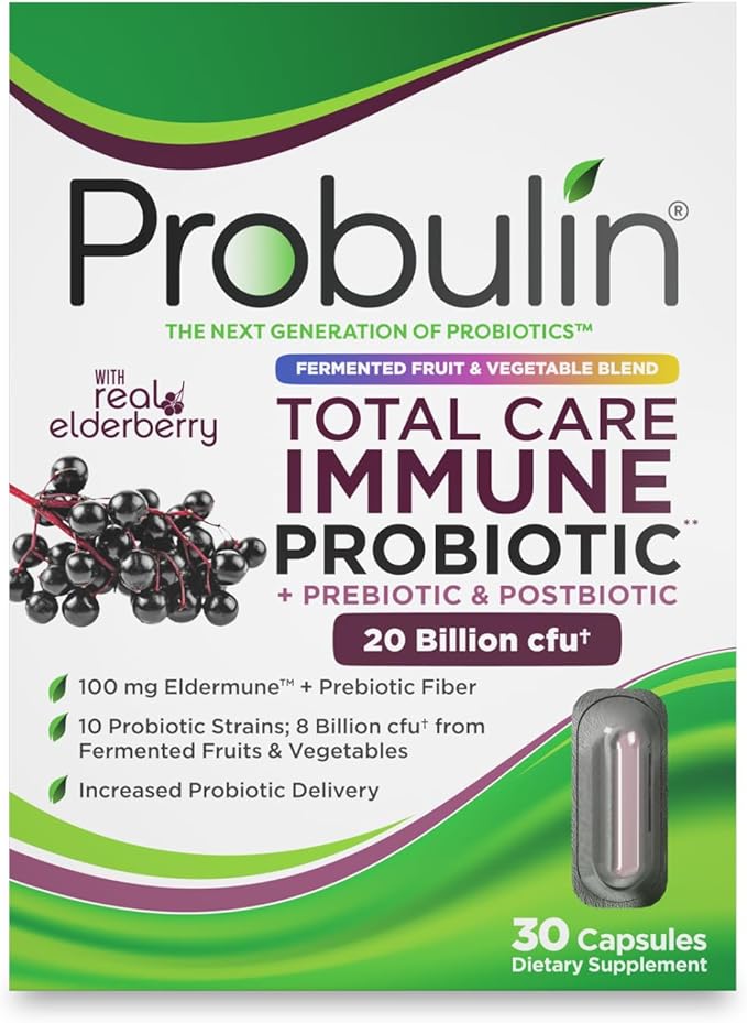 Probulin Total Care Immune = Prebiotics + Probiotics + Postbiotics + Elderberry to Support Immune &amp Gut Health - 20 Billion CFU - 10 Probiotic Strains 30 Vegan Capsules