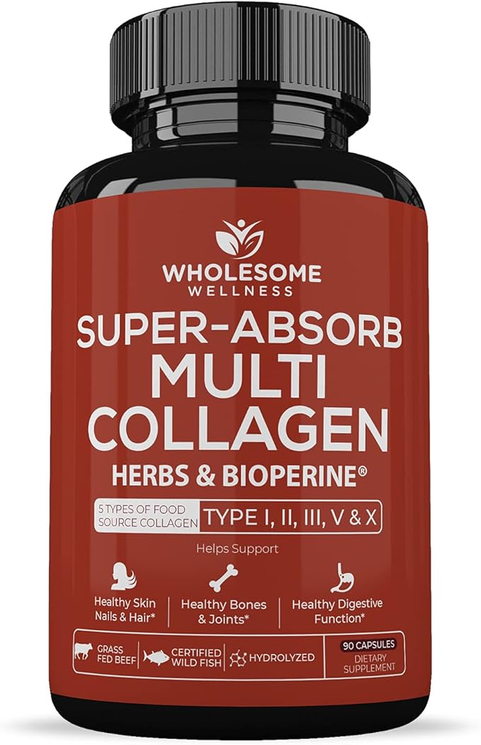 Wholesome Wellness Super-Absorb Multi Collagen Pills (Type I II III V X) Organic Herbs and Bioperine + Whole Food Multivitamin for Men - Natural Multi Vitamins Minerals Organic Extracts Bundle