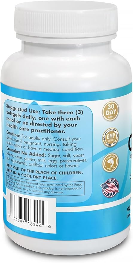 Omega 3 Fish Oil Concentrate Supplement for Women and Men - 3900mg Active Ingredients Omega 3 Fatty Acids EPA and DHA - 90 Softgels - One Month Supply.