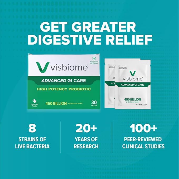 Visbiome® Advanced GI Care - High Potency Probiotic - 450 Billion CFU Live Probiotics Original De Simone Formulation 60 Packets of Unflavored Powder.