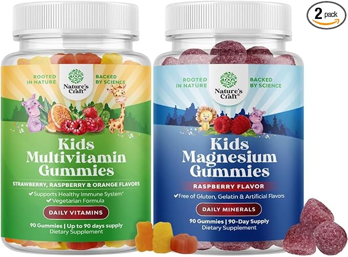 Bundle of Kids Multivitamin Gummies for Immunity Support with Vitamins A C D3 E B and Zinc and Kids Magnesium Gummies - Calm Relaxing Mag Citrate with Raspberry Flavor for Nerve &amp Heart Health