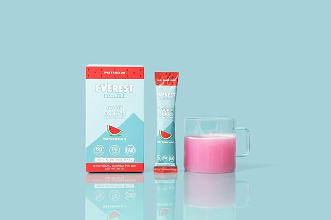 Everest Essential Kid's Clear Whey Protein Powder (Watermelon 10 Packets) Protein Drink Mix for Kids Electrolytes for Kids 8g Protein Per Serving Non GMO Zero Added Sugar