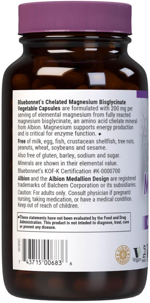 Bluebonnet Nutrition Albion Chelated Magnesium Vegetable Capsule 200 mg Stress Relief Vegan Non GMO Gluten Free Soy Free Milk Free Kosher 120 Vegetable Capsule 2 Month Supply