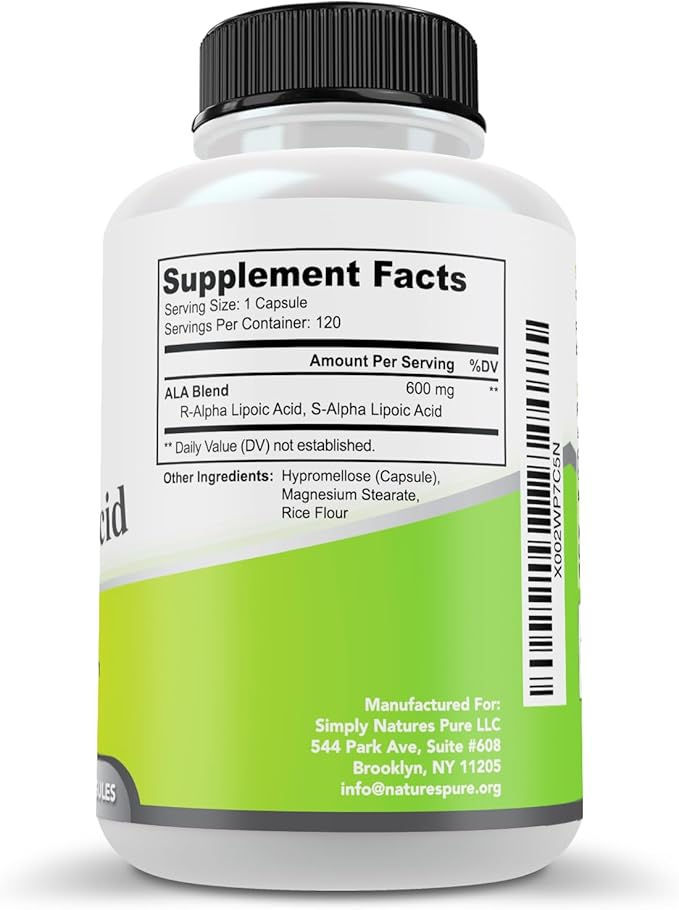 Simply Natures Pure Alpha Lipoic Acid 600mg 120 Veggie Capsules Non-GMO Thioctic Acid 4 Month Supply