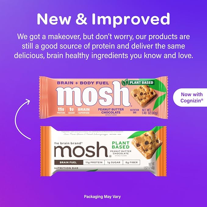 MOSH Peanut Butter Chocolate Plant Based Keto Protein Bars High Protein Gluten Free Brain Healthy Snack with Ashwagandha and Lion's Mane 12 Count