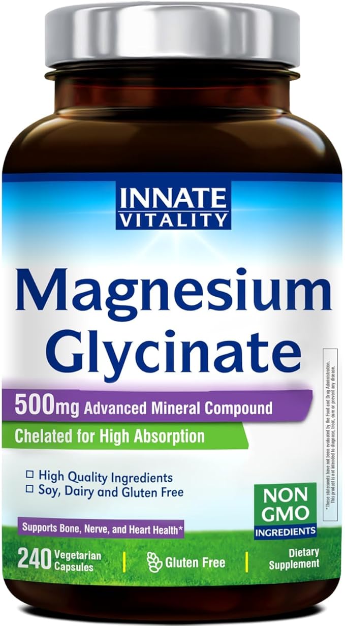 Innate Vitality Magnesium Glycinate 500mg | 70mg Elemental Magnesium Supplement - High Absorption Non Buffered Non-GMO &amp No Gluten - Vegan - Nerve Health - 240 Capsules (Pack of 1)