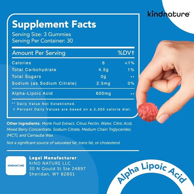 kindnature Alpha Lipoic Acid Gummies 600mg - Neuropathy Supplements - Vegan Sugar-Free Low Calorie 600 mg ALA Supplement - Pure ALA Alpha Lipoic Acid for Antioxidant Nutritional Supplements