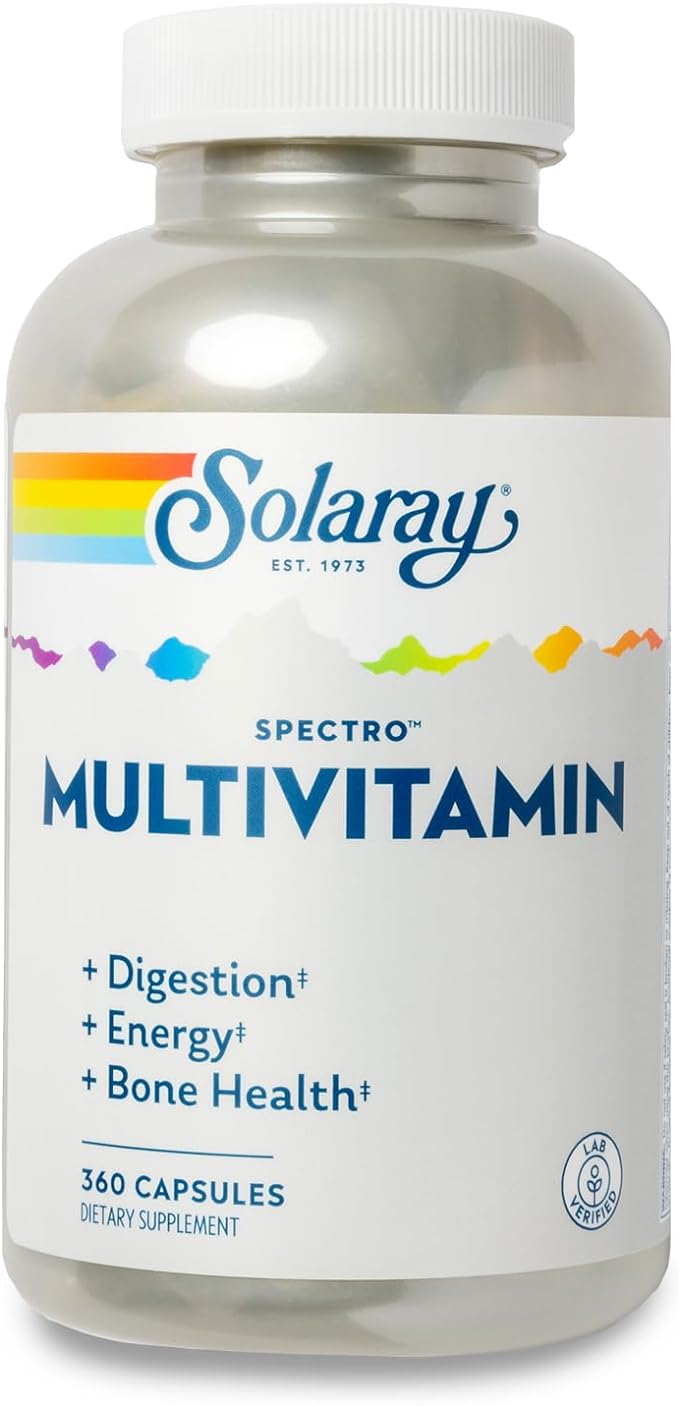 SOLARAY Spectro Multivitamin with Iron - Multi Vitamin with Calcium Magnesium Energizing Greens Herbs &amp Digestive Enzymes - Digestion Energy and Bone Health Support (60 Servings 360 Capsules