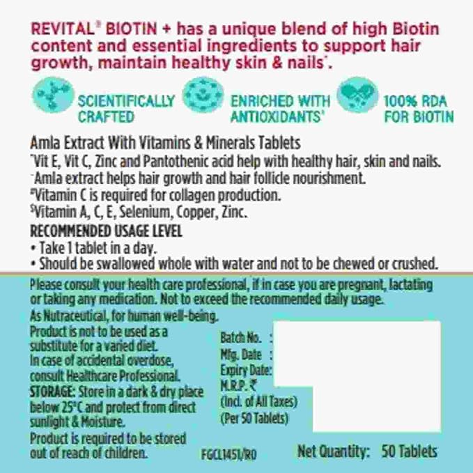 Revital Biotin+ with Amla and DHT Blockers for Hair Growth | Biotin Amla Zinc Vitamin E &amp Pantothenic Acid | Supports Hair Strength &amp Skin Health | 50 Tablets