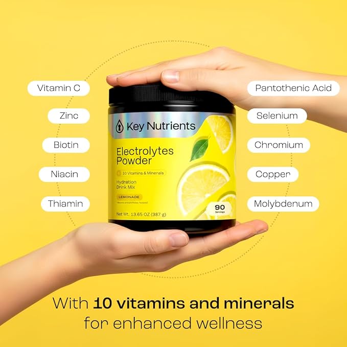 KEY NUTRIENTS Multivitamin Electrolytes Powder No Sugar - Refreshing Lemonade Electrolyte Powder - Sodium &amp Energy Supplement - Hydration Powder - No Calories - 90 Servings - Made in USA