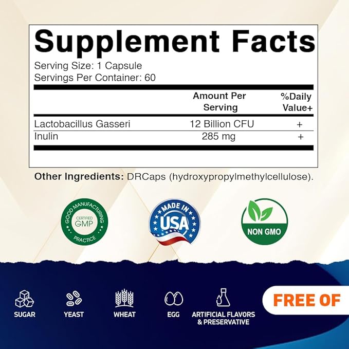 Vitamatic Lactobacillus Gasseri - 12 Billion per DR Capsule - 60 Count - Digestive Support - Made with Prebiotic Inulin Fiber- 2 Pack