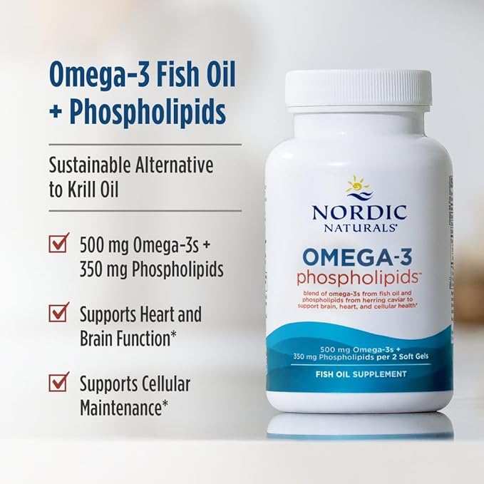 Nordic Naturals Omega-3 Phospholipids Unflavored - 60 Soft Gels - 500 mg Omega-3 &amp 350 mg Phospholipids - Heart &amp Brain Health - Small Easy-to-Swallow Soft Gels - Non-GMO - 30 Servings