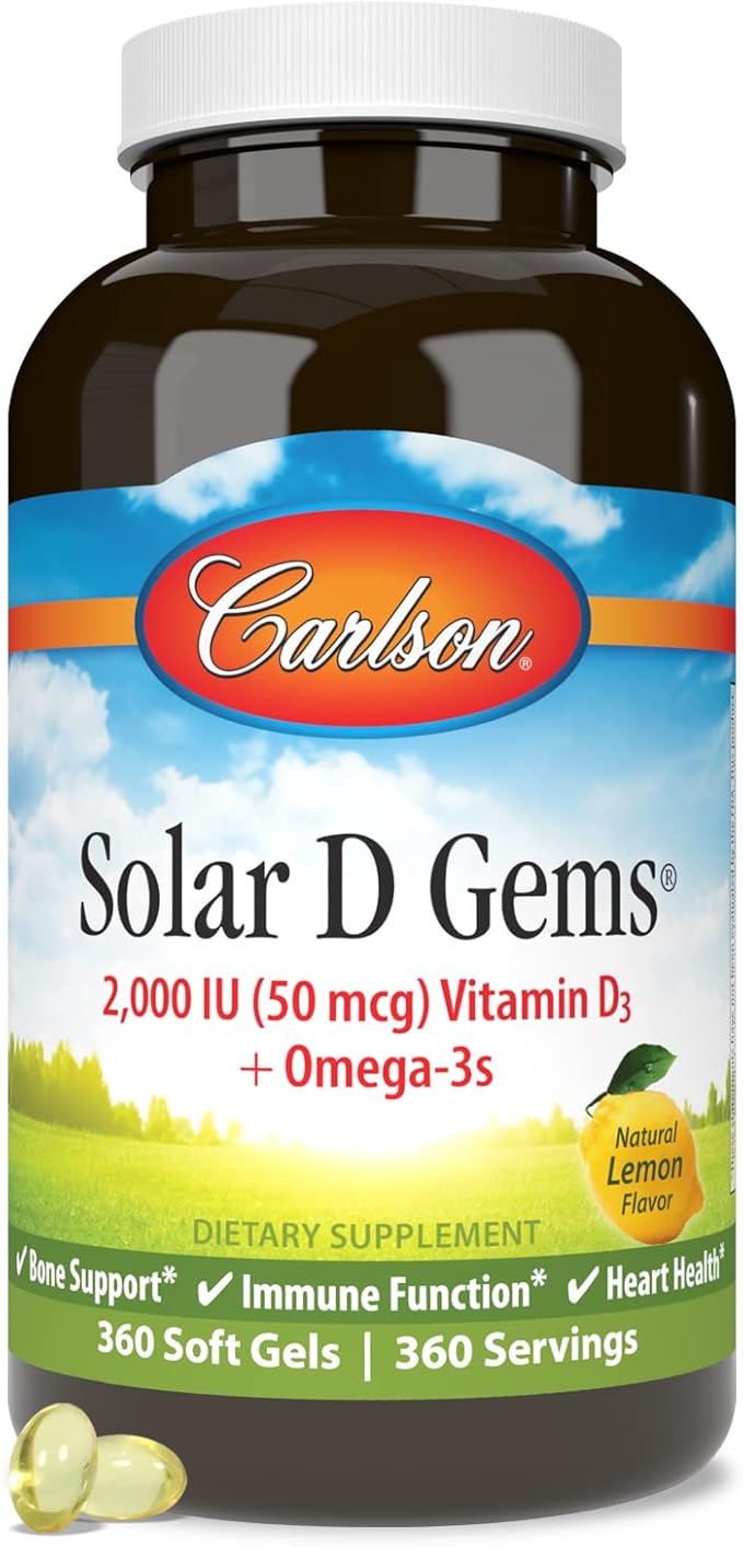 Carlson - Solar D Gems Vitamin D3 and Omega-3 Supplement 2000 IU (50 mcg) Vitamin D3 115 mg Omega-3s EPA and DHA Supplement Wild Caught Sustainably Sourced Lemon 360 Softgels