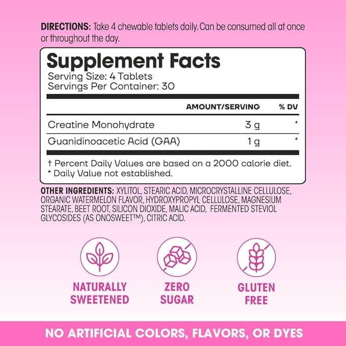 Fit &amp Lean Creatine for Women My Lean Creatine Chewable Tablets Creatine Monohydrate with GAA Muscle Performance Cognitive Function No Bloating Reduced Water Retention Watermelon 30 Servin