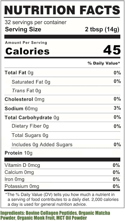 Cherie Sweet Heart's Collagen Peptide Powder 1 lb Pure Hydrolyzed Gluten Free Keto and Paleo Friendly Grass Fed Non GMO Matcha Latte