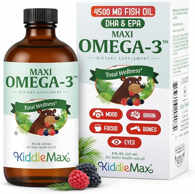 Maxi Health Omega 3 for Kids Supplement – Kosher Omega 3 Kids Fish Oil Liquid with DHA &amp EPA – Liquid Fish Oil Supplement with Fruity Burst Flavor to Support Mood Brain Focus Bones &amp Eyes (