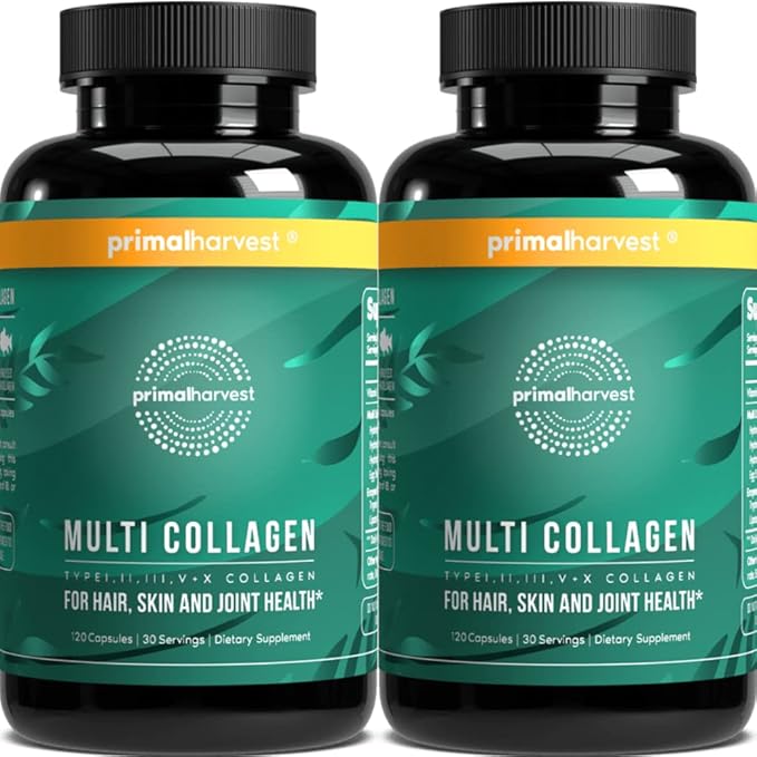 Primal Harvest 2 Pack Multi Collagen Pills for Women and Men (Type I II III V X) Collagen Supplements for Women and Men 120 Capsules w/Vitamin C for Hair Skin Nails Collagen Peptides Pills