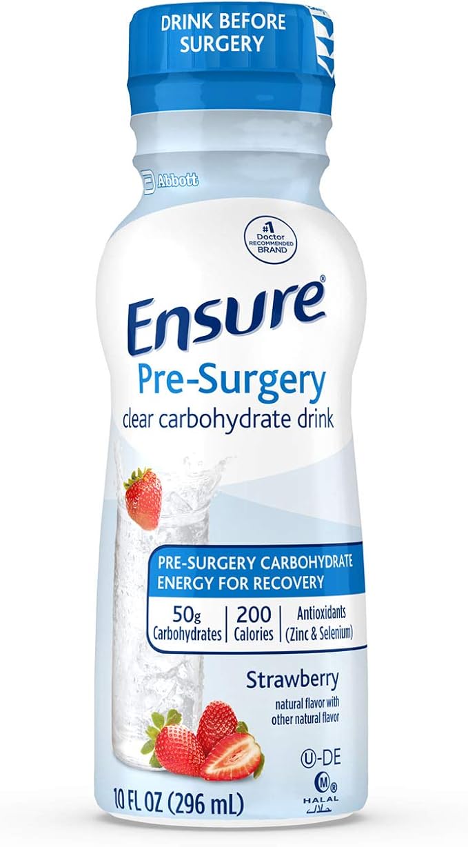 Ensure Liquid Clear Nutrition Drink 0g fat 8g of protein Blueberry Pomegranate &amp Ensure Pre-Surgery Clear Carbohydrate Drink Strawberry 10 Fl Oz (Pack of 4)