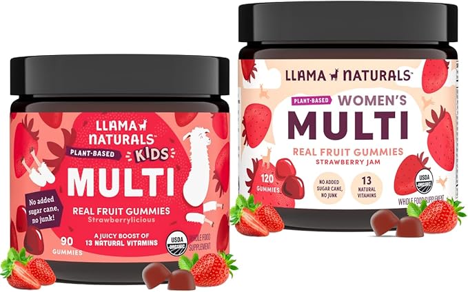 Llama Naturals Real Fruit Multivitamin Gummies | Kids &amp Women's Whole Food-Based Vitamins | No Added Cane Sugar | Organic Vegan Chewable | 90 ct &amp 120 ct | Strawberry