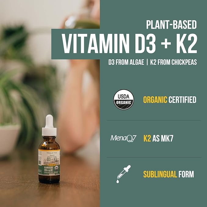 Organic Plant D3 + K2 (5000 iu D3) - All-Trans MK7 from MenaQ7 (120 mcg K2) - 100% Organic &amp Plant-Based Sublingual D3 Drops (Cholecalciferol) 100% Vegan - Supports Immunity Bone(1oz)